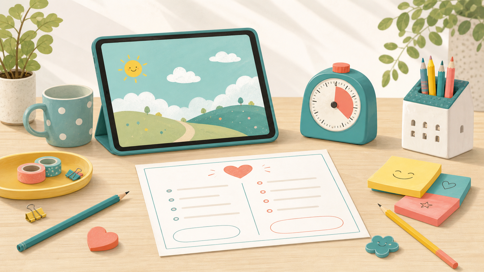 タブレット、紙の条約、タイマーが置かれた机のイラスト